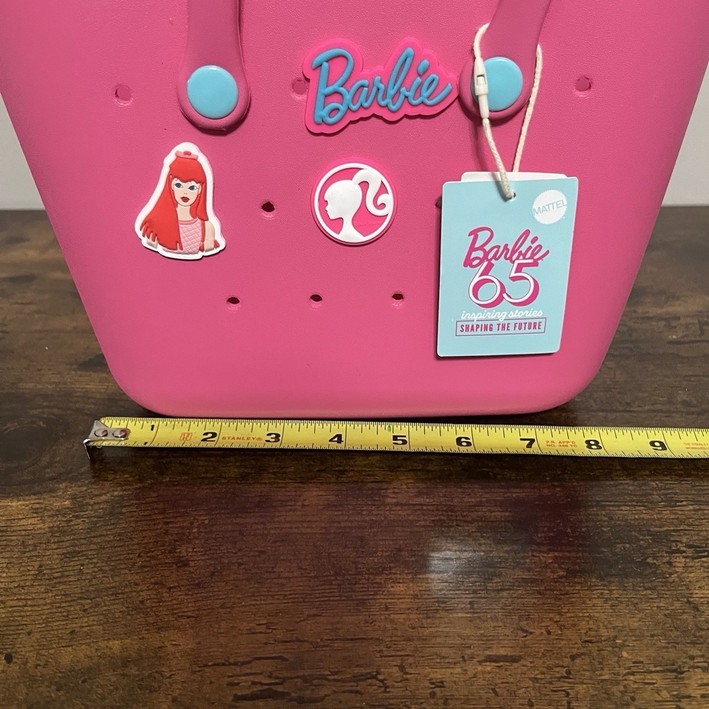 Barbie 65th Anniv Miniso Bogg Style Eva Tote Beach Lunch Pink Bag With Charms - Picture 12 of 14